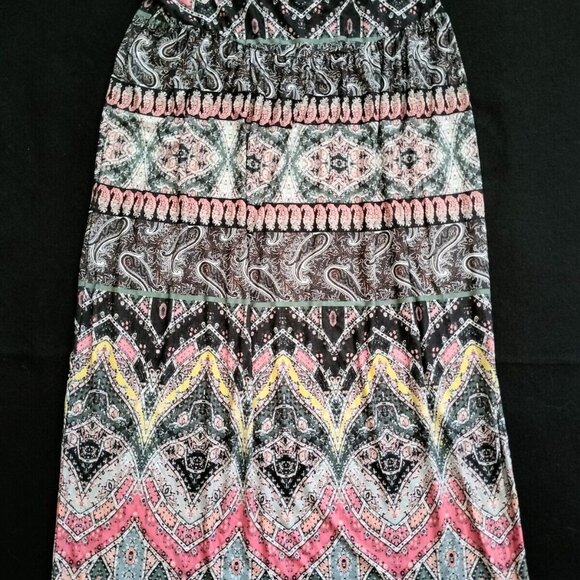 One World Medallion Paisley Maxi Skirt L Black Multi Pull On Boho EUC - Picture 2 of 9